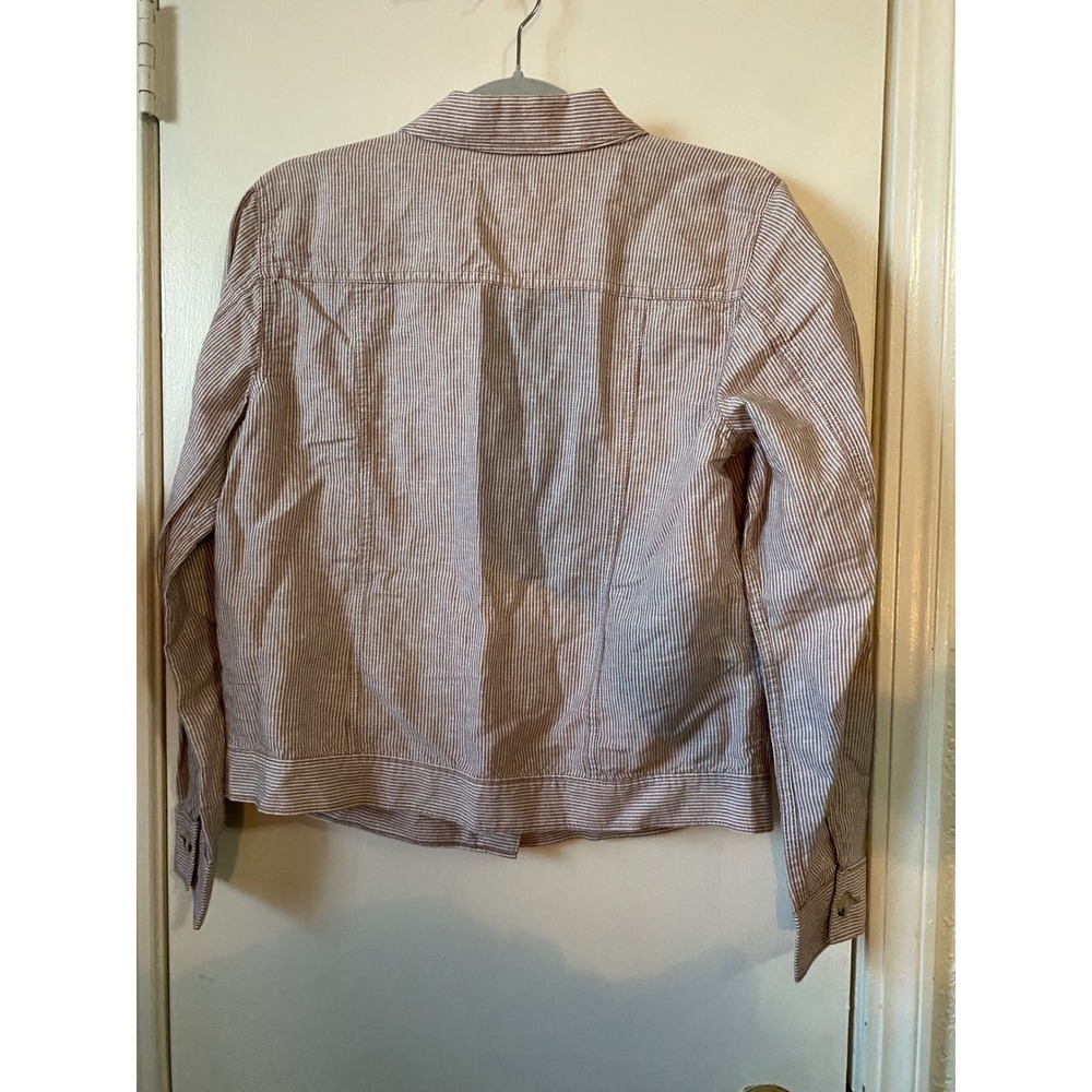 Liz Claiborne Tan White Striped Linen Blend Button Front Trucker Jacket Small - Picture 4 of 6